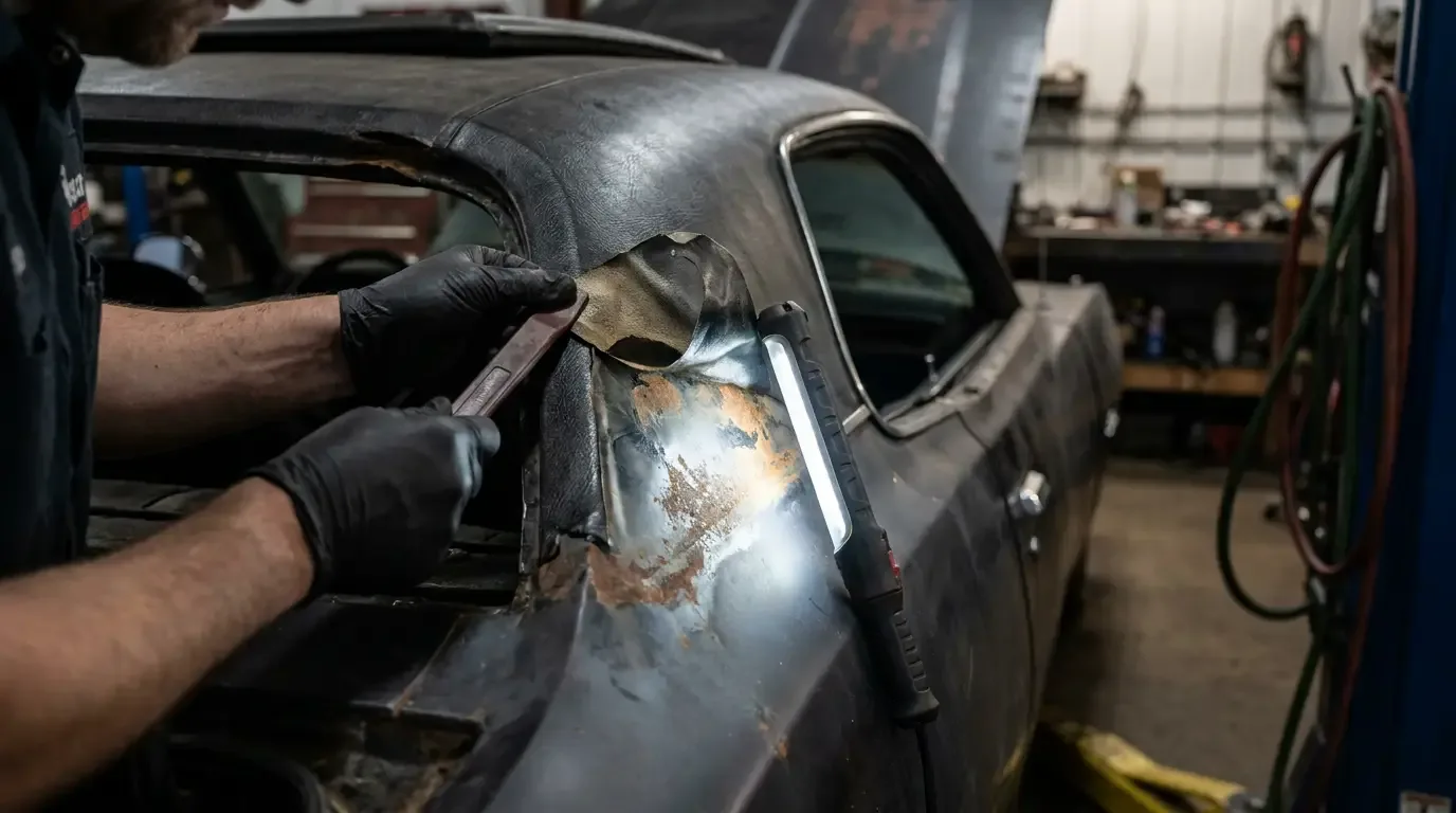 Mechanic peeling back a vinyl roof edge to reveal rust on the steel underneath