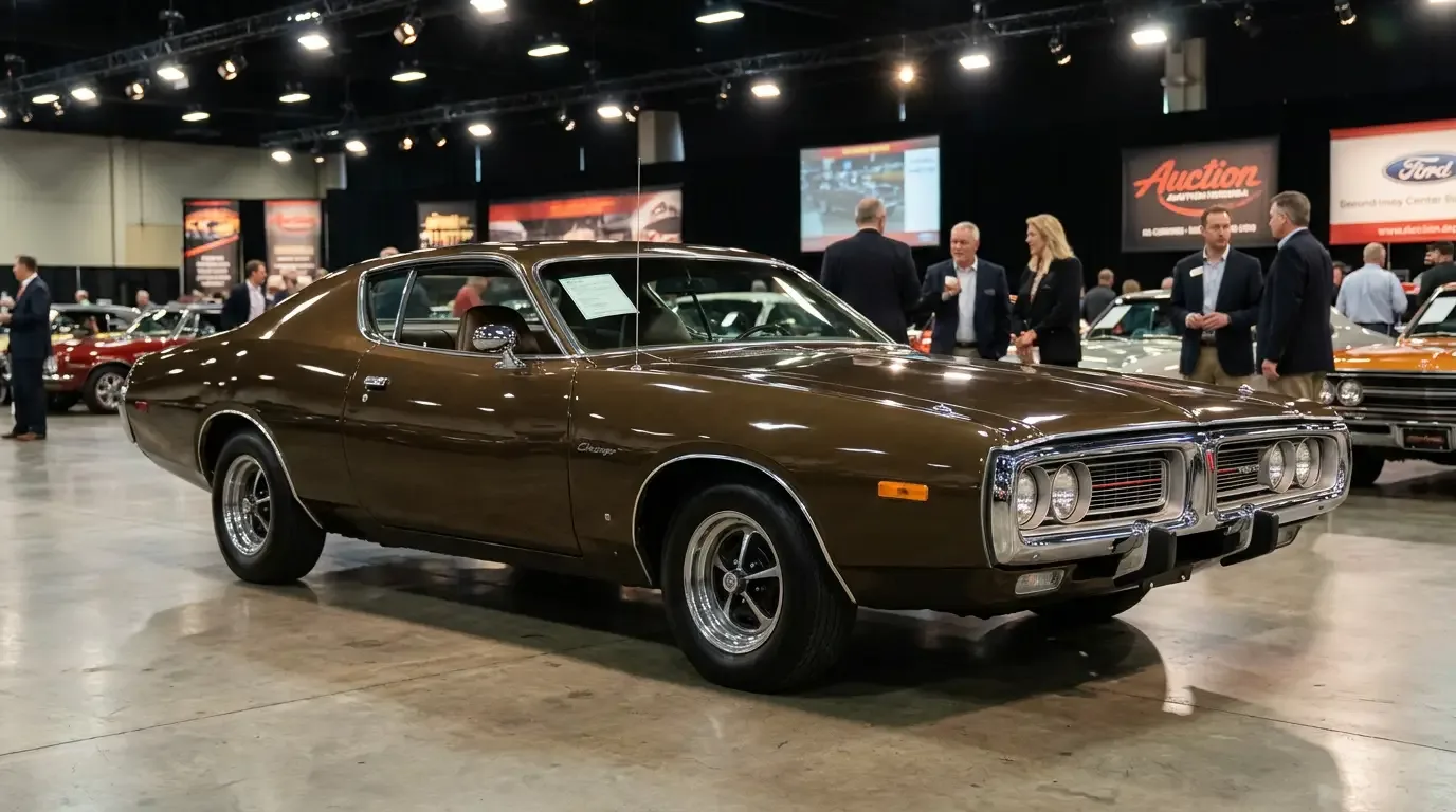 1972 Dodge Charger on a collector-car auction floor under spotlights