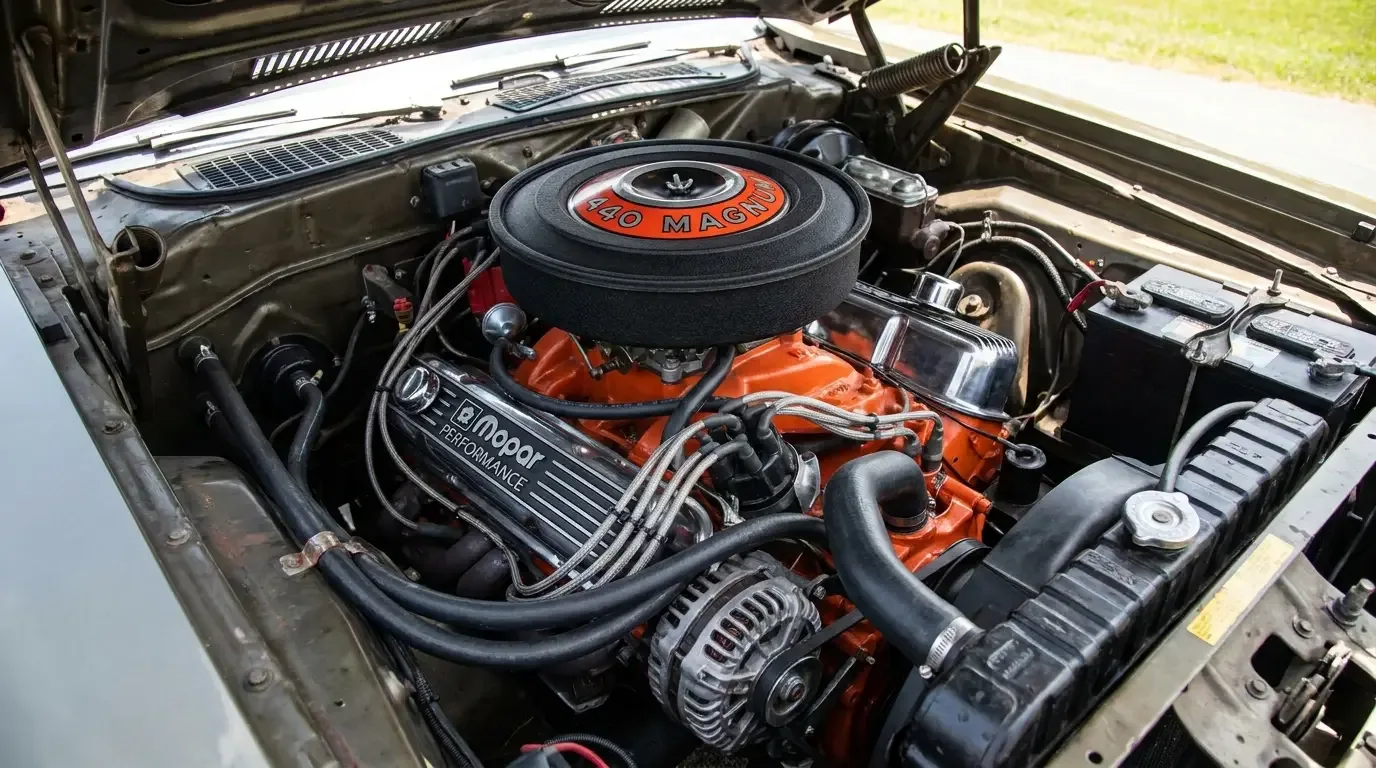 440 big-block V8 in the engine bay of a 1971 Dodge Charger