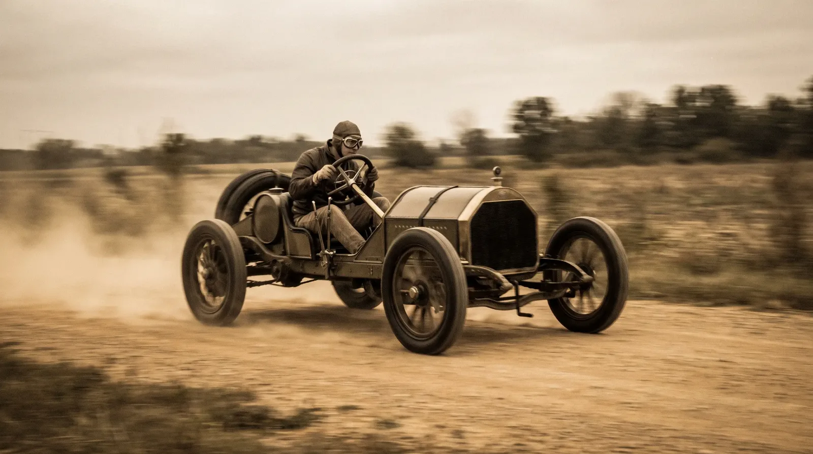Raceabout-style speedster kicking up dust at speed