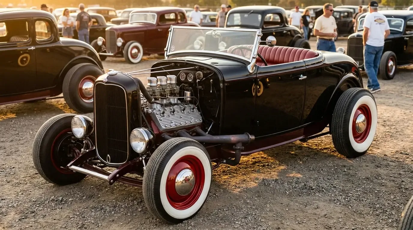 Period-perfect traditional highboy roadster hot rod on steel wheels with wide whitewalls and exposed flathead V8 at a traditional-style meet