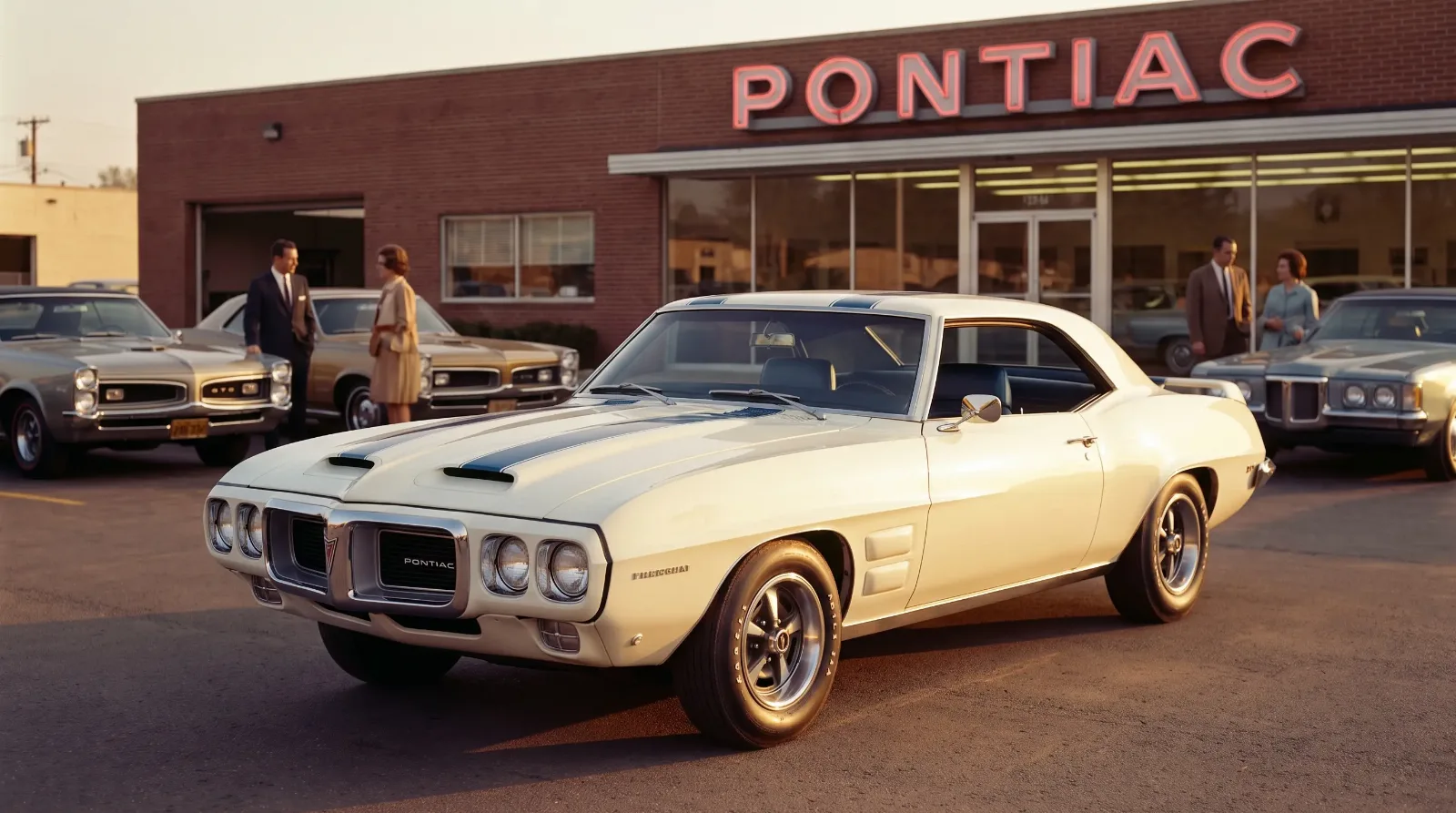 1969 Pontiac Firebird Trans Am in Cameo White with Tyrol Blue rally stripes on a dealership lot at golden hour