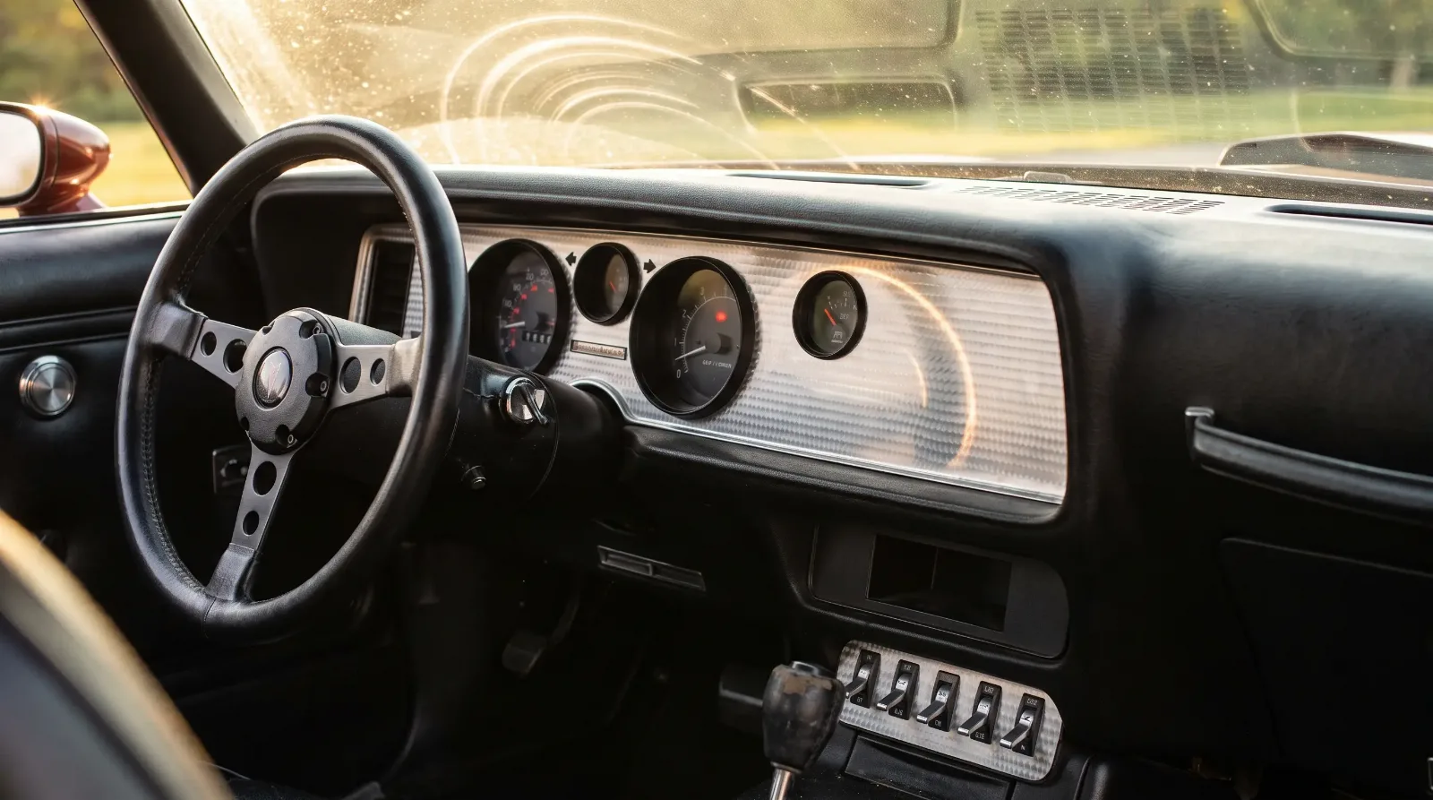 Close-up of a Trans Am dashboard showing the engine-turned aluminum applique and gauge cluster in warm sunlight