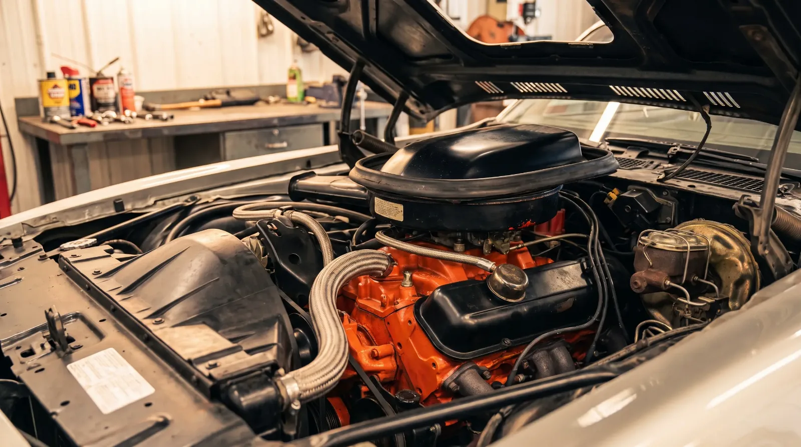 Close-up of the 1973 Pontiac Trans Am SD455 big-block V8 engine bay with shaker hood scoop
