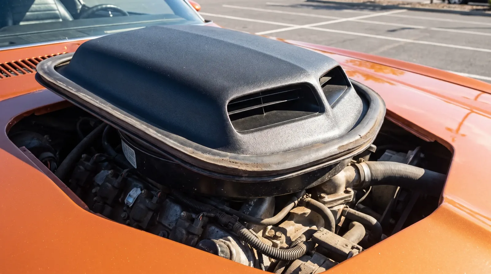 Low angle detail of a classic Pontiac Trans Am Shaker hood scoop protruding through the hood