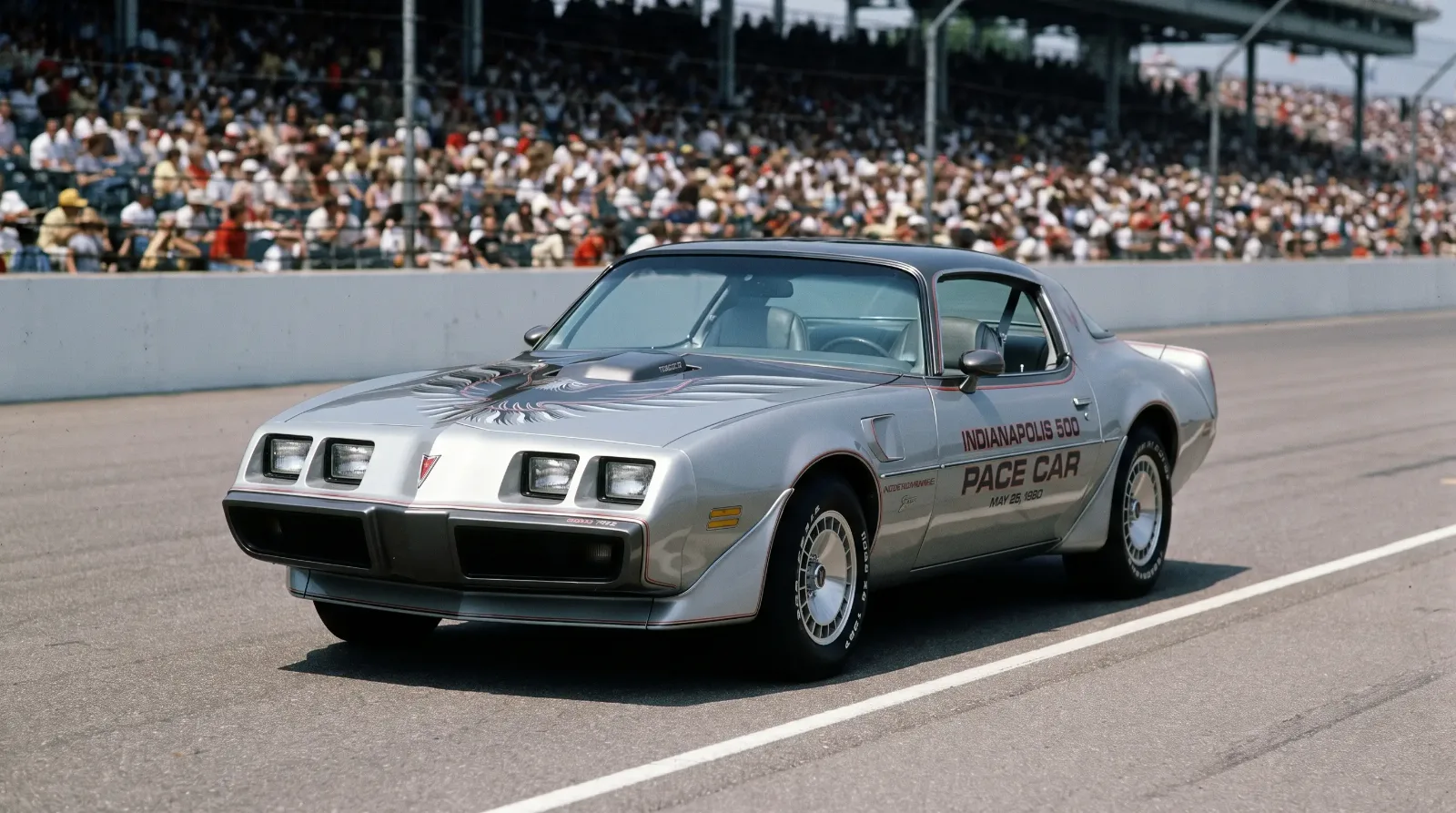 1980 Pontiac Trans Am Turbo pace car in silver livery at Indianapolis Motor Speedway
