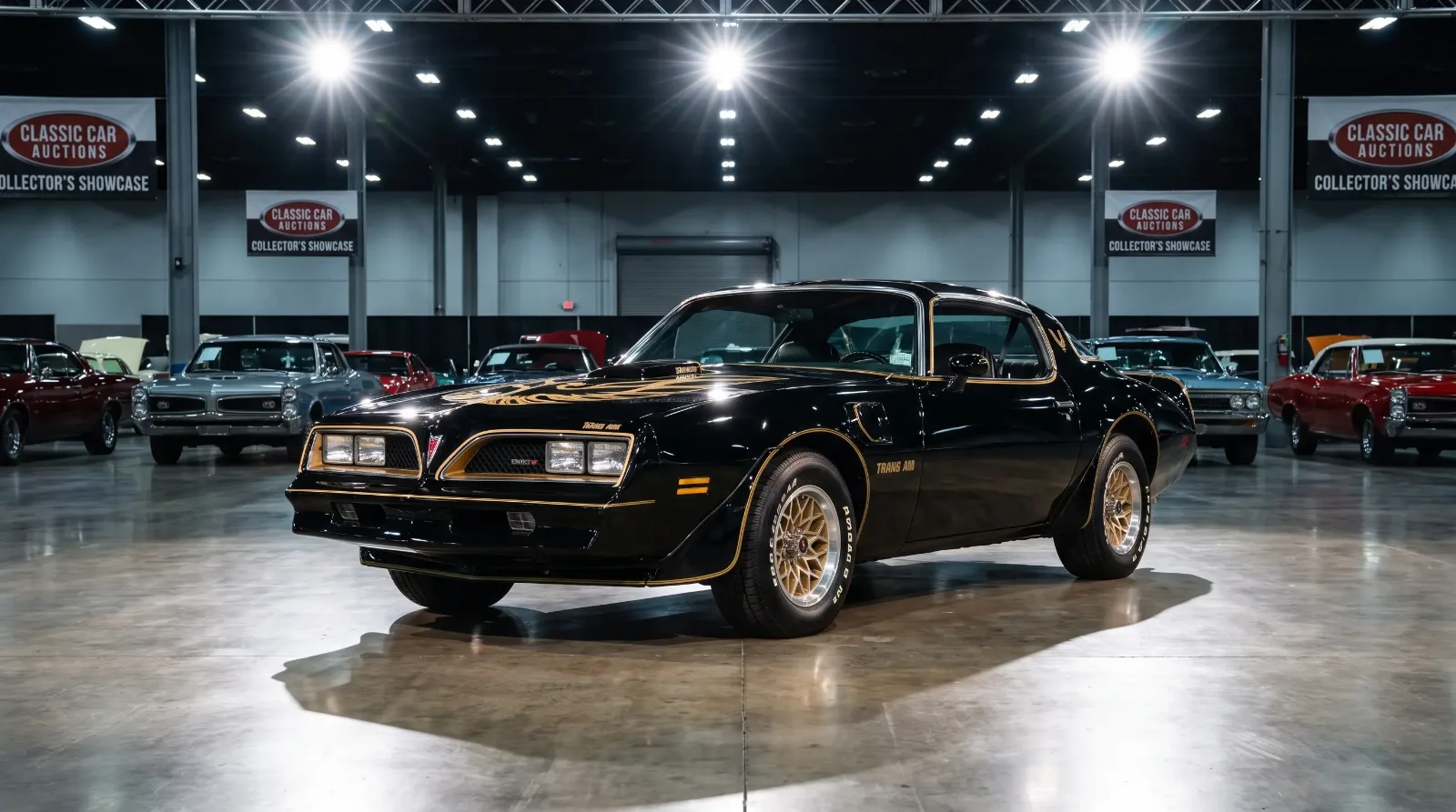 Pristine restored classic Pontiac Trans Am under showroom spotlights at a collector car auction hall