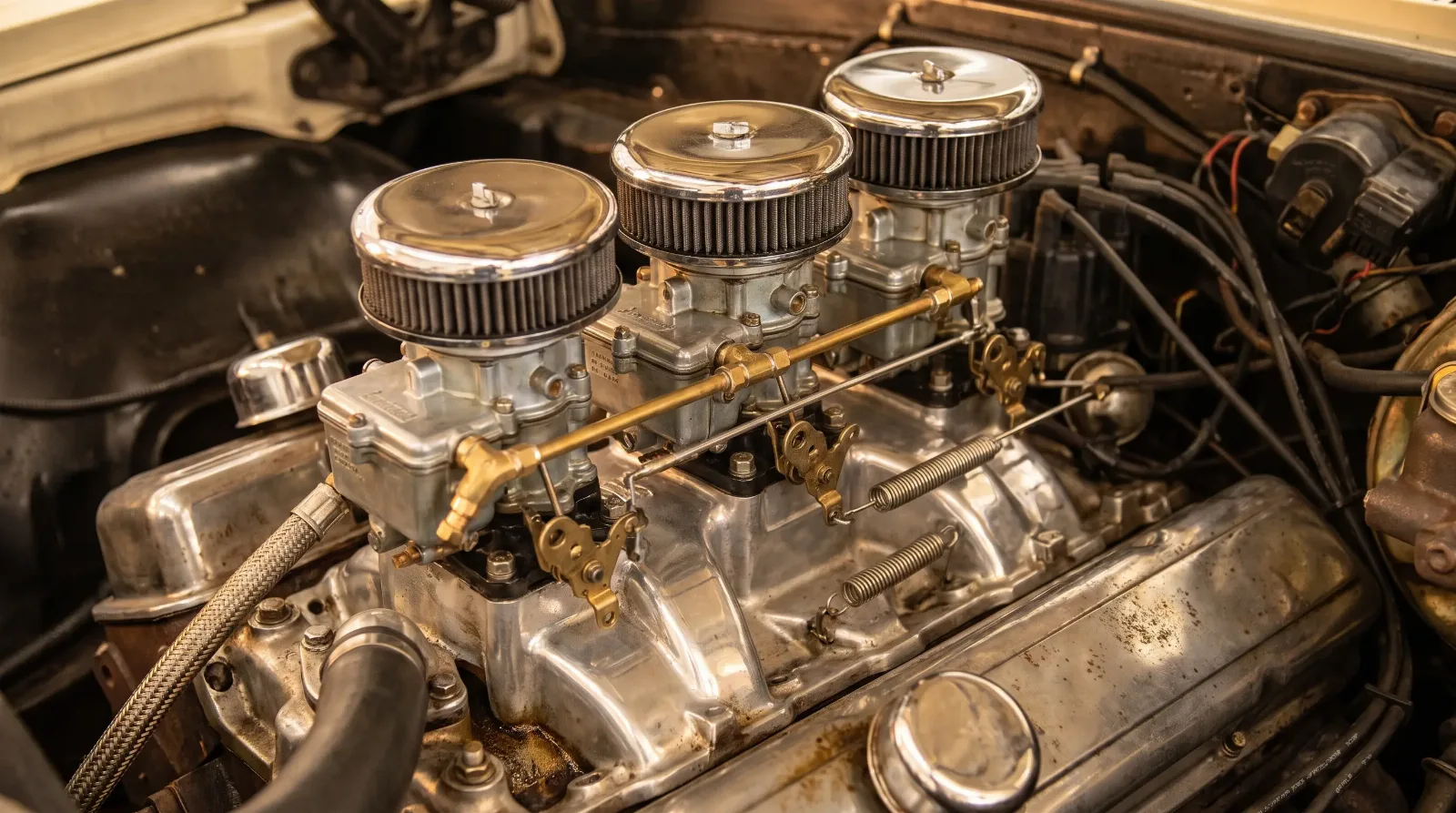 Pontiac Tri-Power three two-barrel carburetors on a classic V8 intake manifold