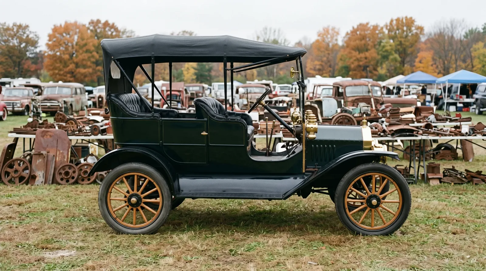 1909 Ford Model T two lever touring car, side view at a swap meet