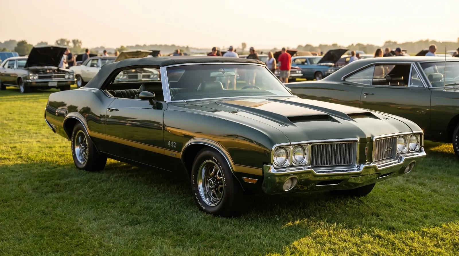 1970 Oldsmobile 442 W-30 in dark green on a concours show field