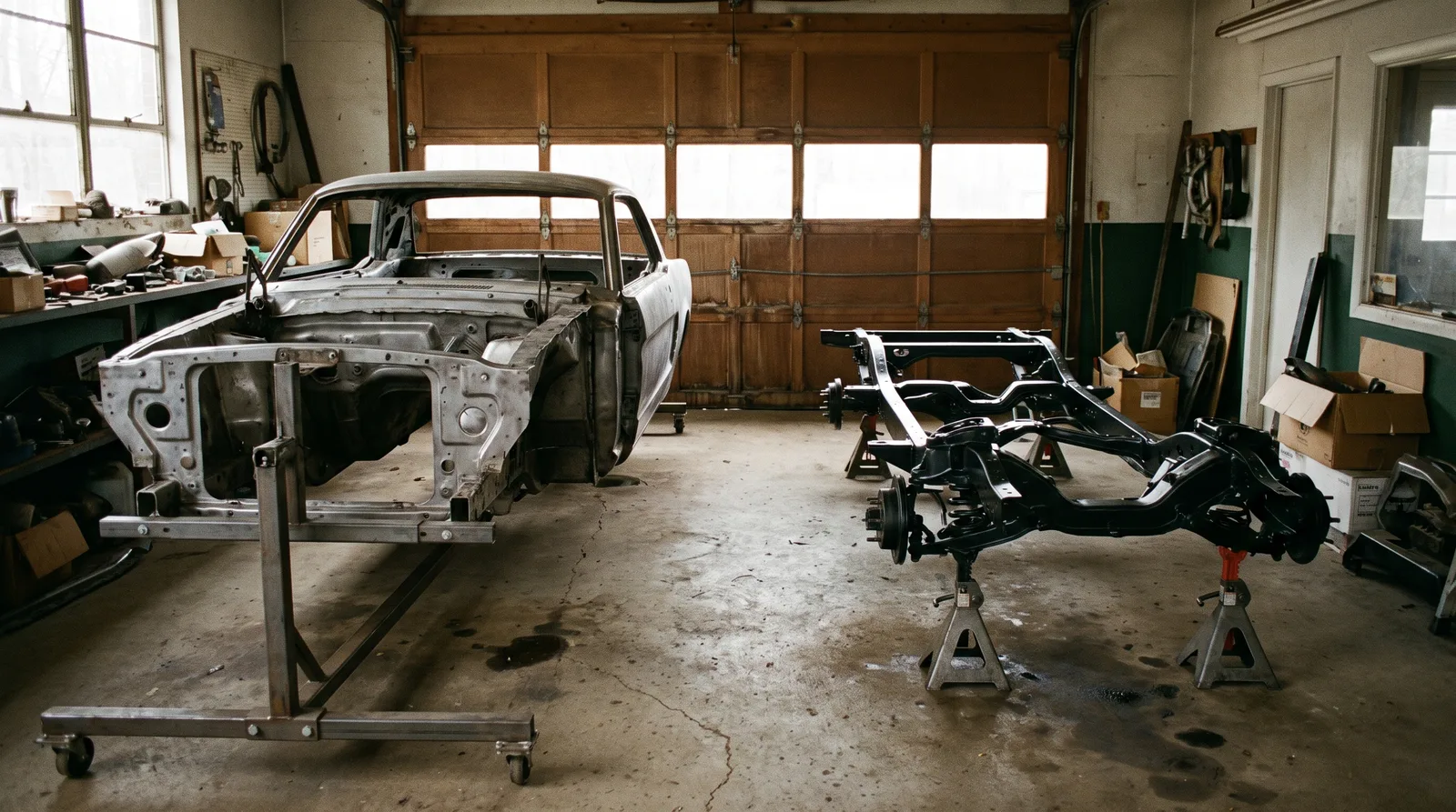 Bare unibody shell beside a ladder frame, restoration bay