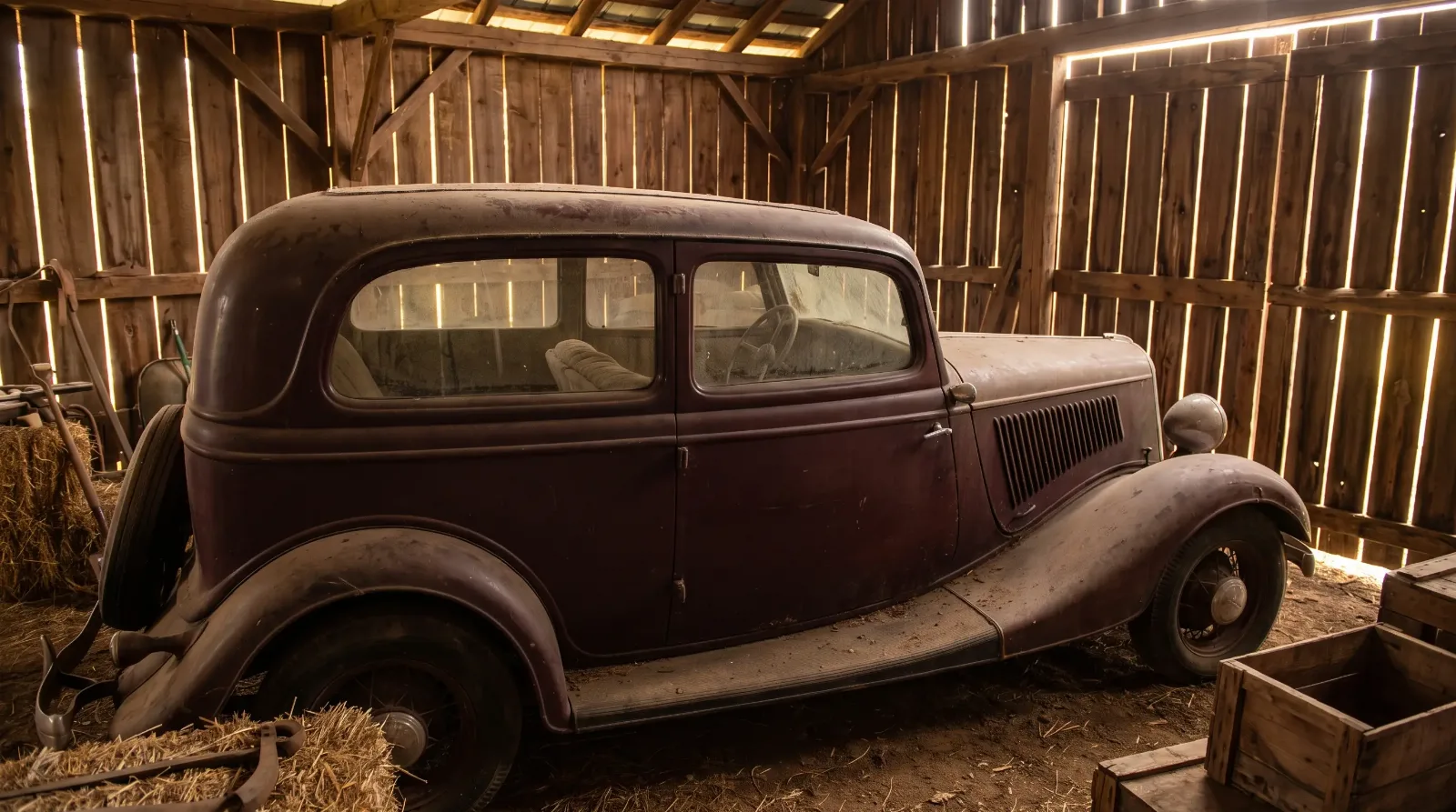 Original-paint survivor car resting in dry barn light
