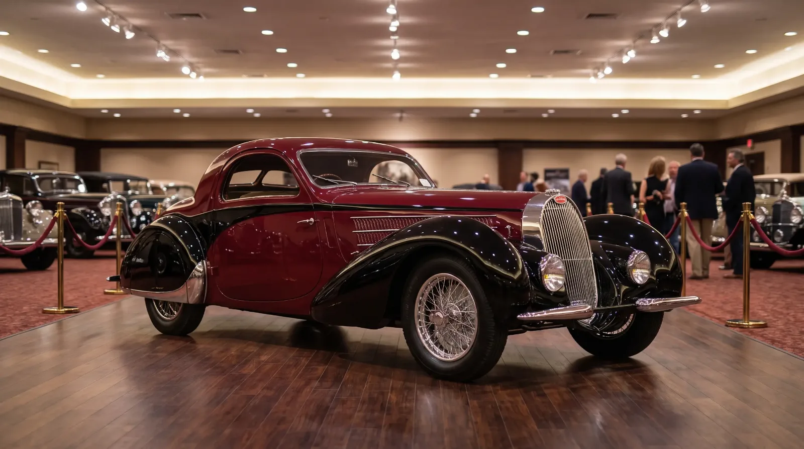 Art Deco coachbuilt car on an auction showroom floor