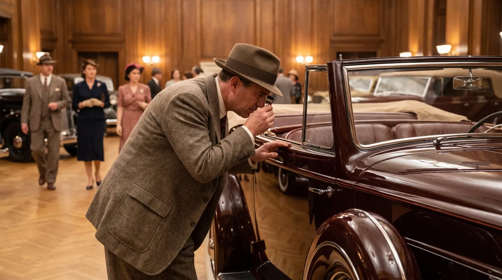 Appraiser examining coachbuilt car panel fit