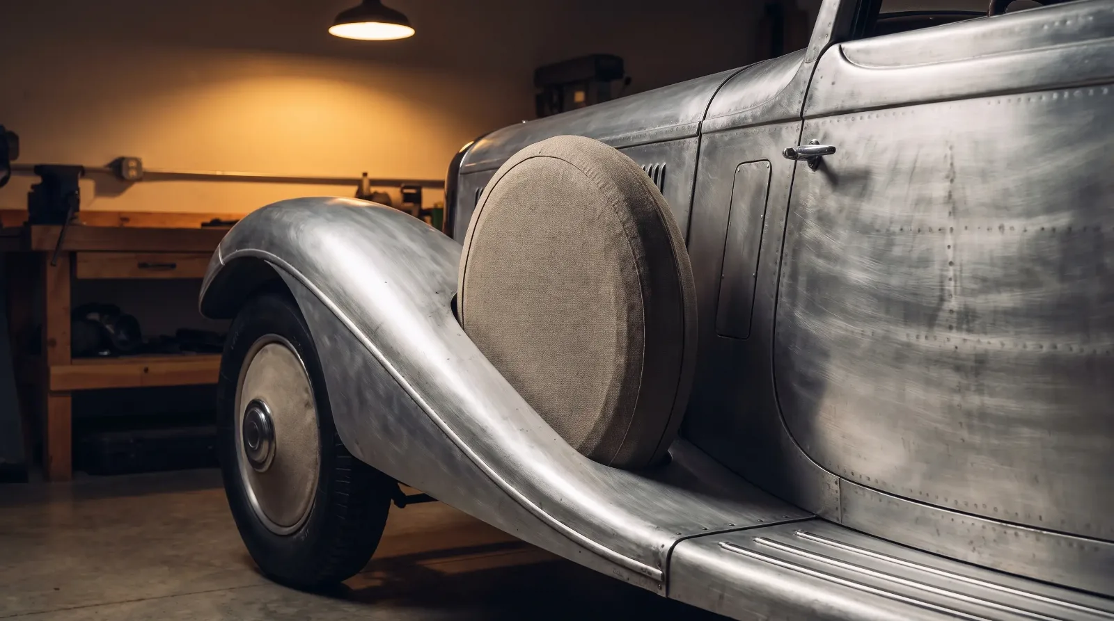 Hand-formed coachbuilt fender and body panel detail