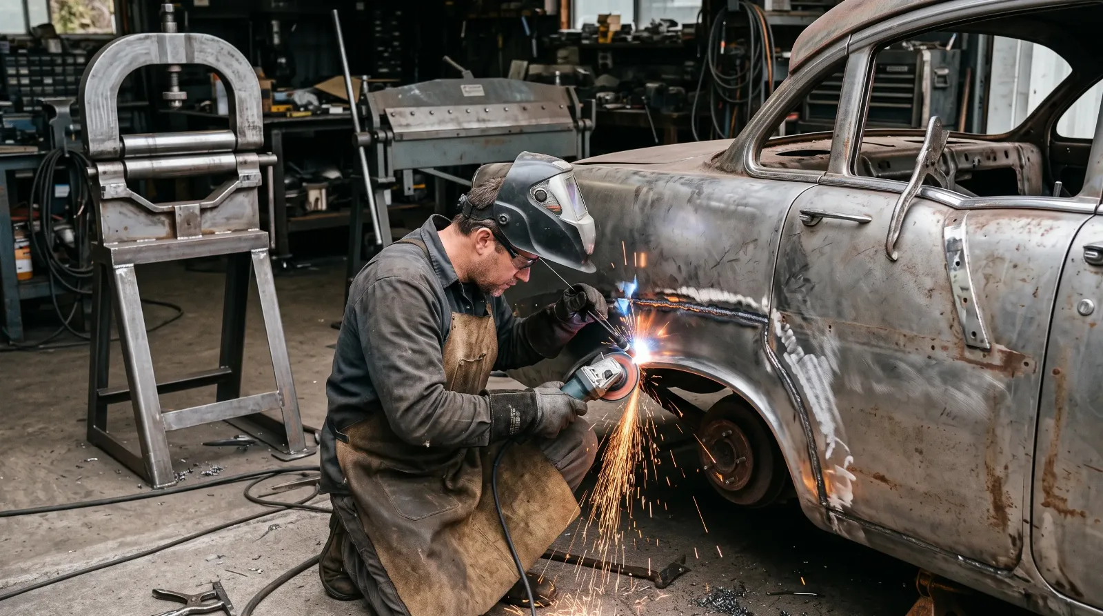 Fabricator welding and grinding a new steel patch panel into a bare-metal 1950s sedan quarter panel