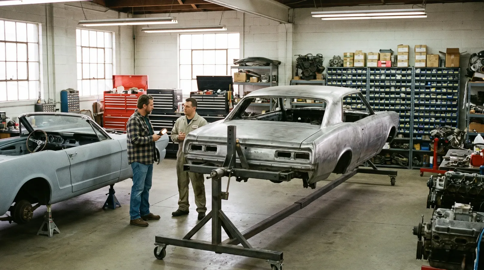 Classic car restoration shop with a bare steel body on a rotisserie and a customer touring the floor