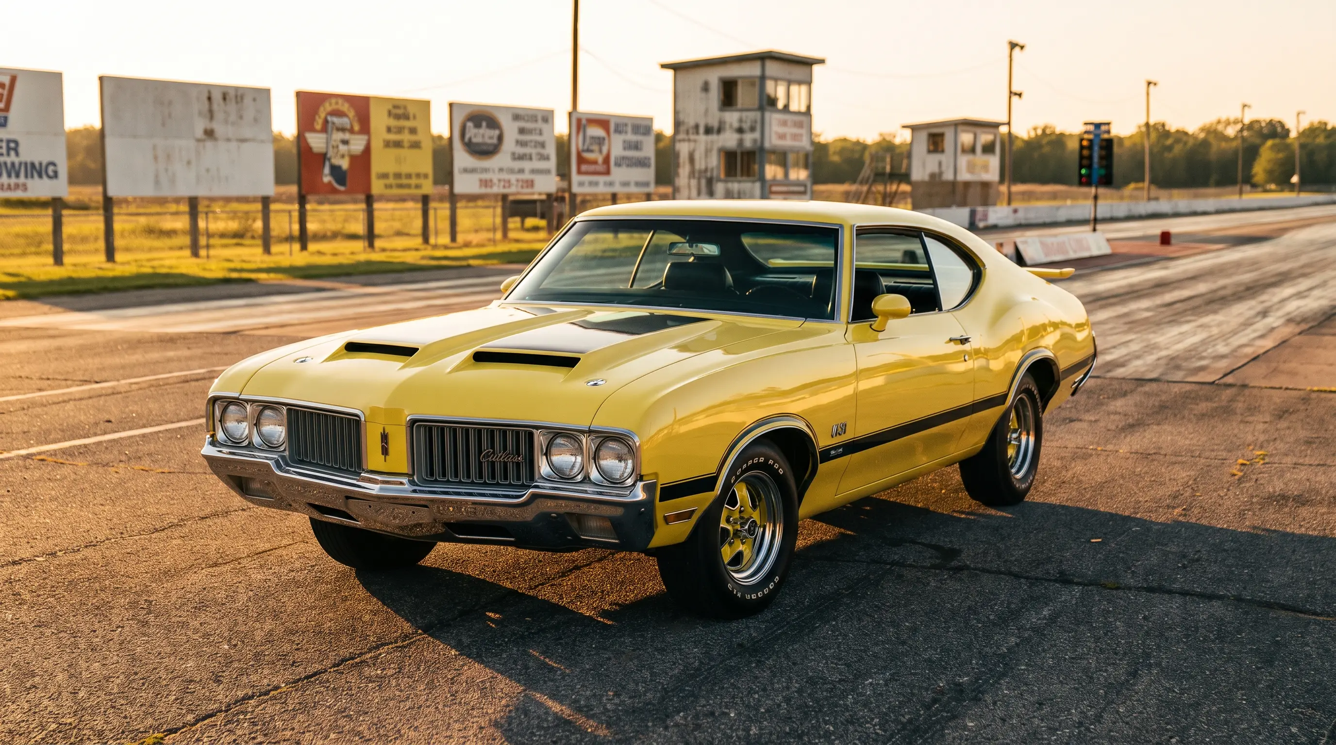 Yellow 1970 Oldsmobile Cutlass W-31 Ram Rod 350 with hood scoops at a sunlit drag strip