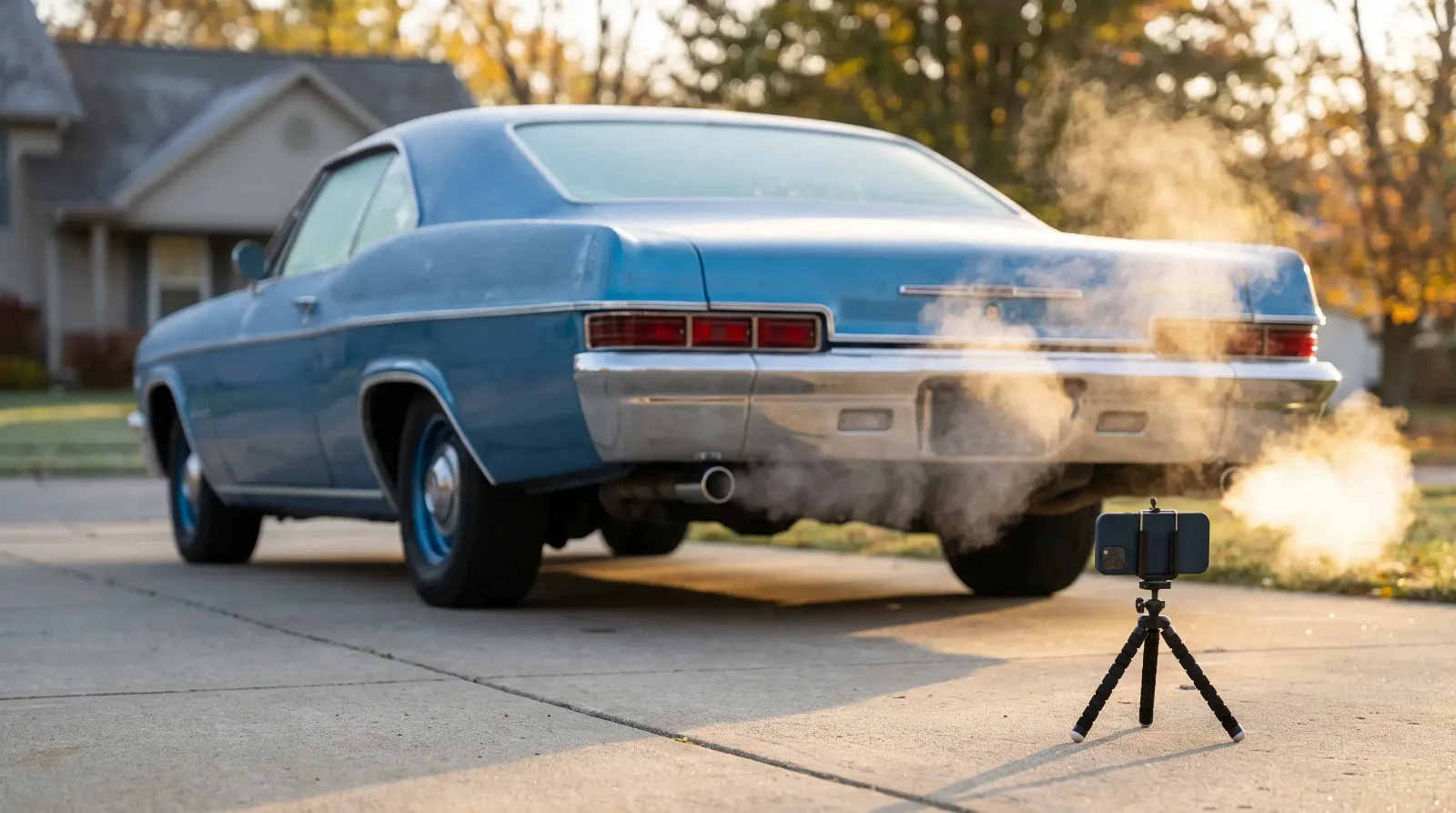 Phone on a small tripod filming cold-start exhaust vapor from a frosty 1966 Impala
