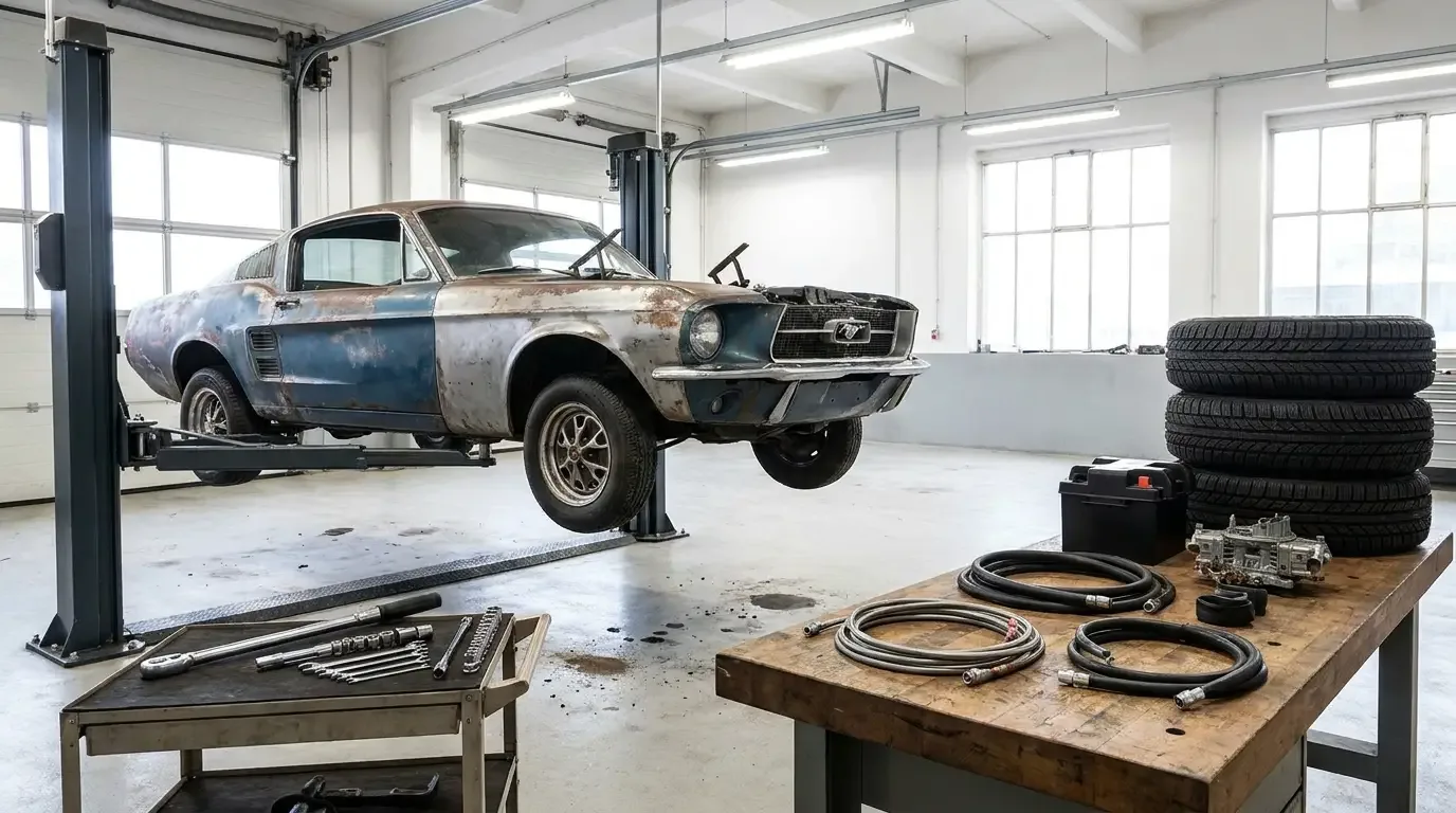 A former barn-find classic car mid-recommission, raised on a lift in a clean restoration shop with new parts and tools laid out nearby