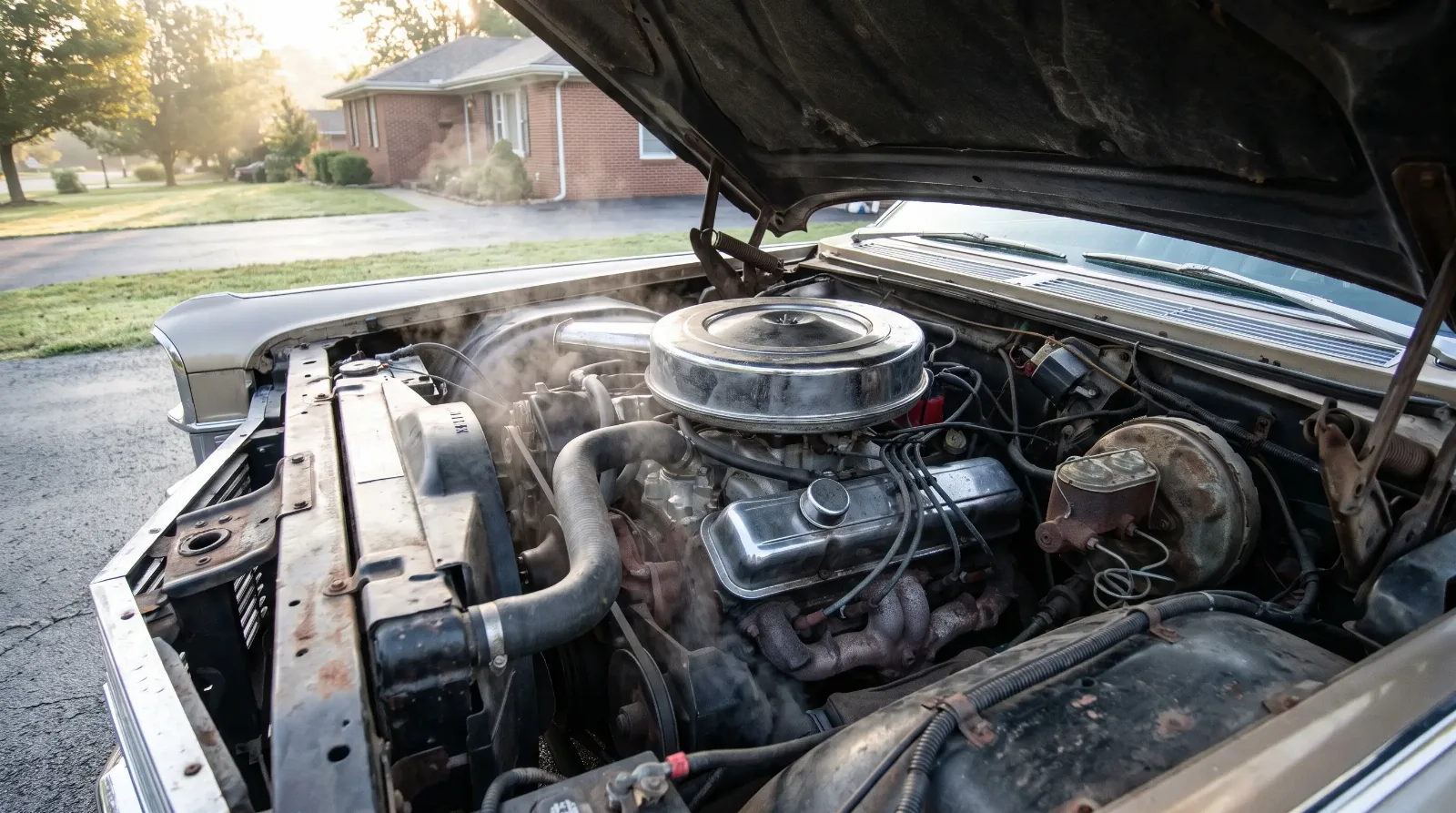 Classic luxury V8 engine bay during a cold start