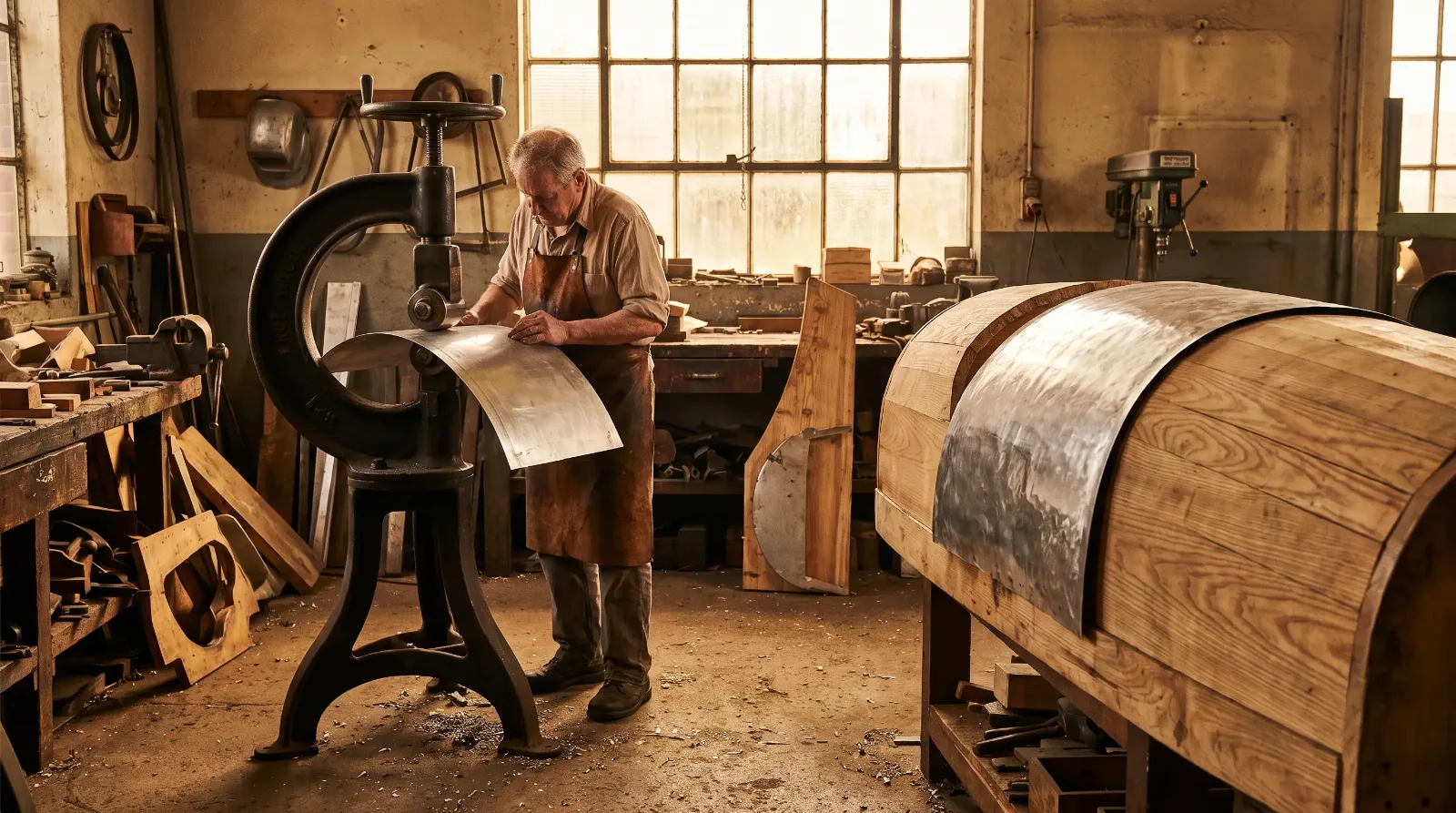 Coachbuilder hand-forming a panel over an ash body buck
