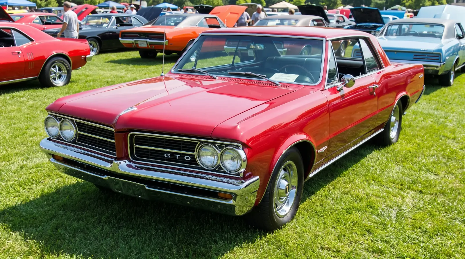 1964 Pontiac GTO red mid-size coupe at a classic car show