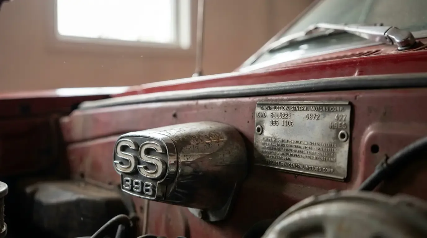 Chevelle SS 396 fender badge with factory cowl tag data plate