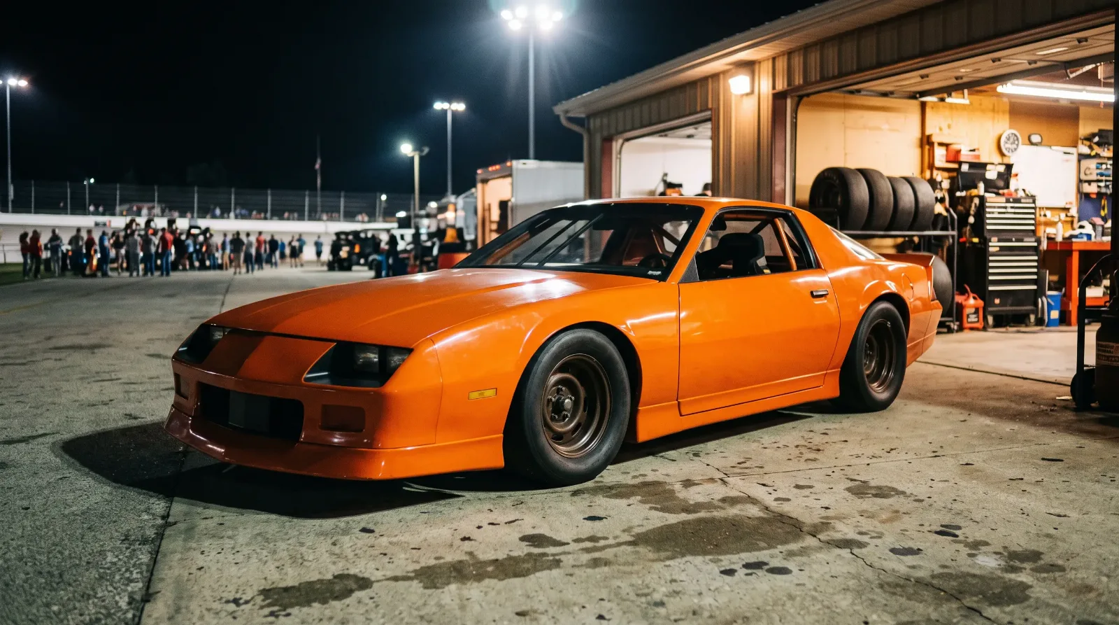 1985 Chevrolet Camaro IROC race car, night paddock under floodlights