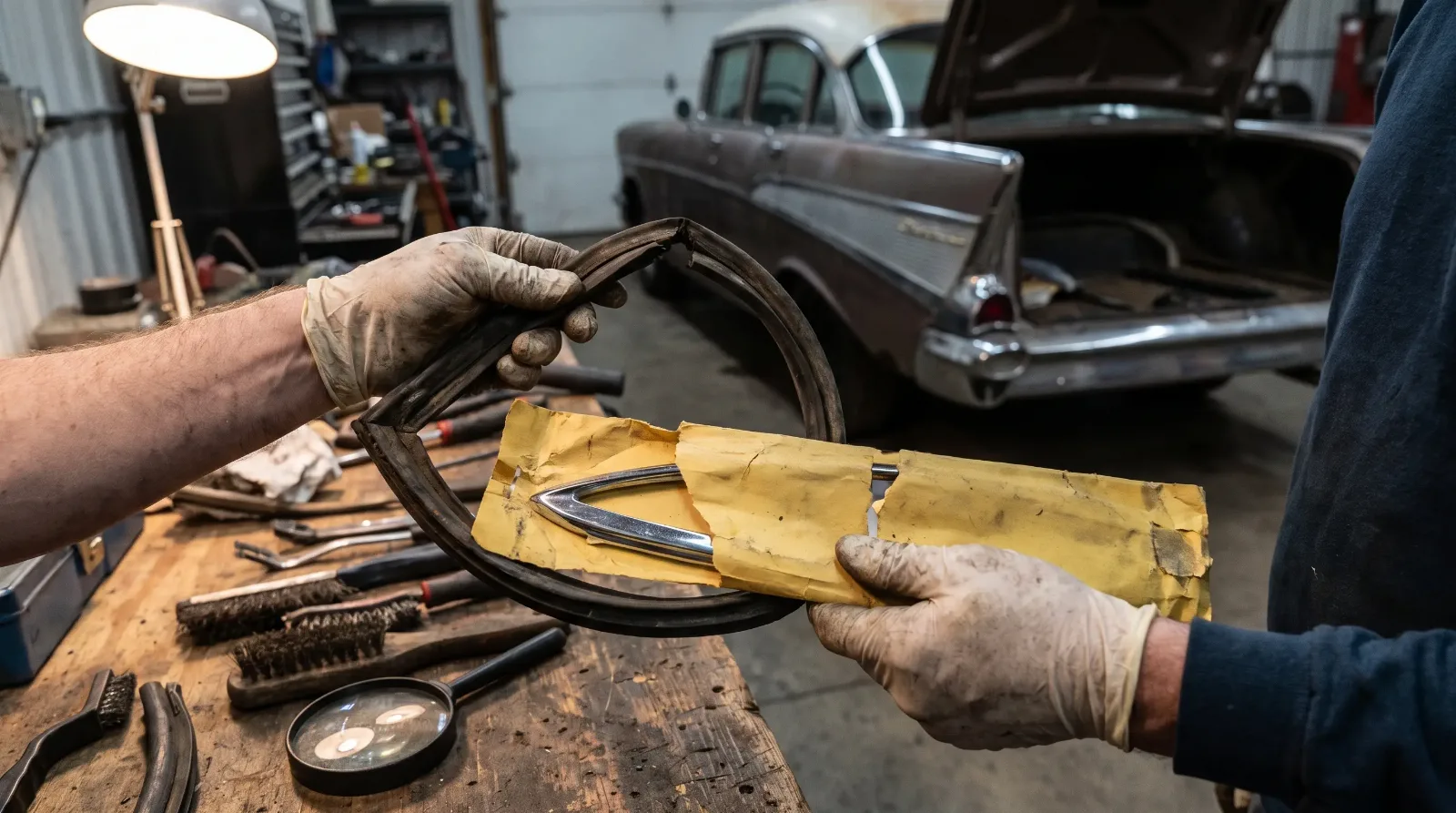Restorer inspecting an aged rubber door seal and a yellowed paper-wrapped trim piece on a garage workbench