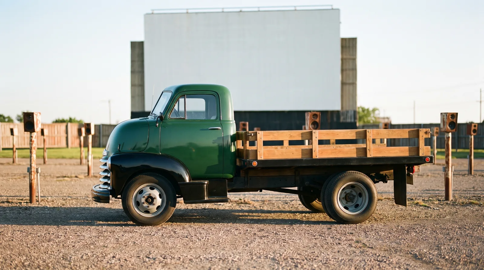 1948 Chevrolet COE stake truck, parked at a drive-in theatre