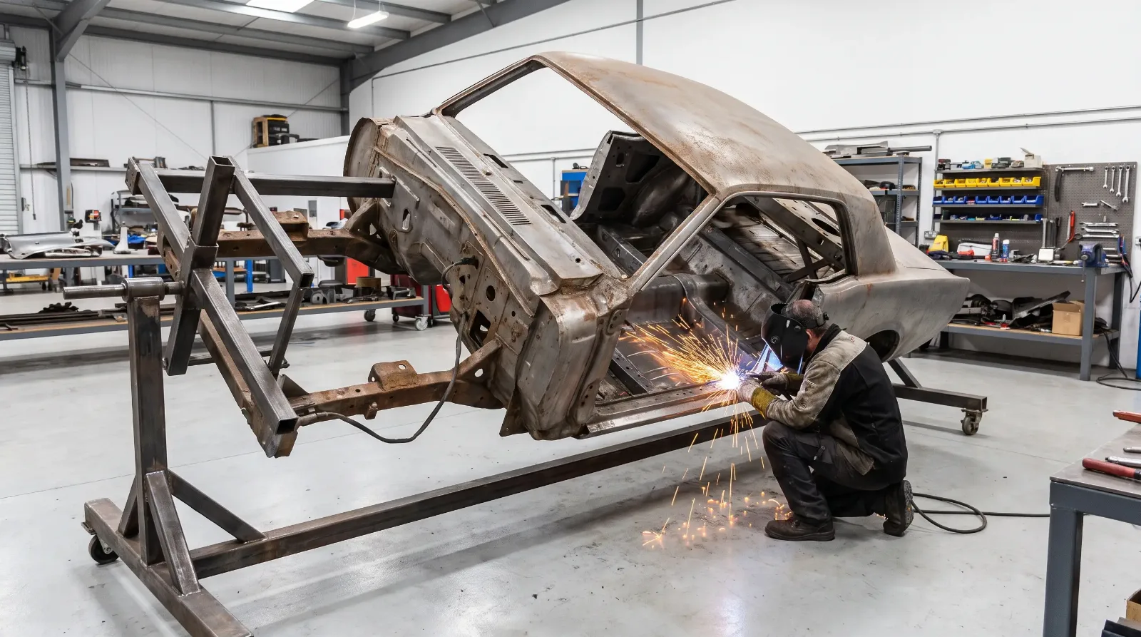 Bare 1960s coupe body shell rotated on its side on a rotisserie stand while a welder repairs the floor pan in a restoration shop