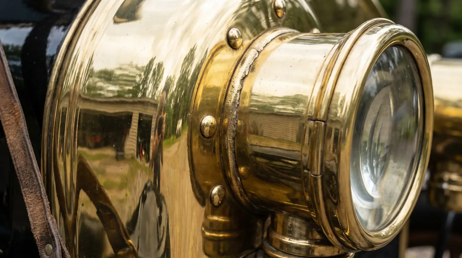 close-up of polished brass radiator shell and headlamp