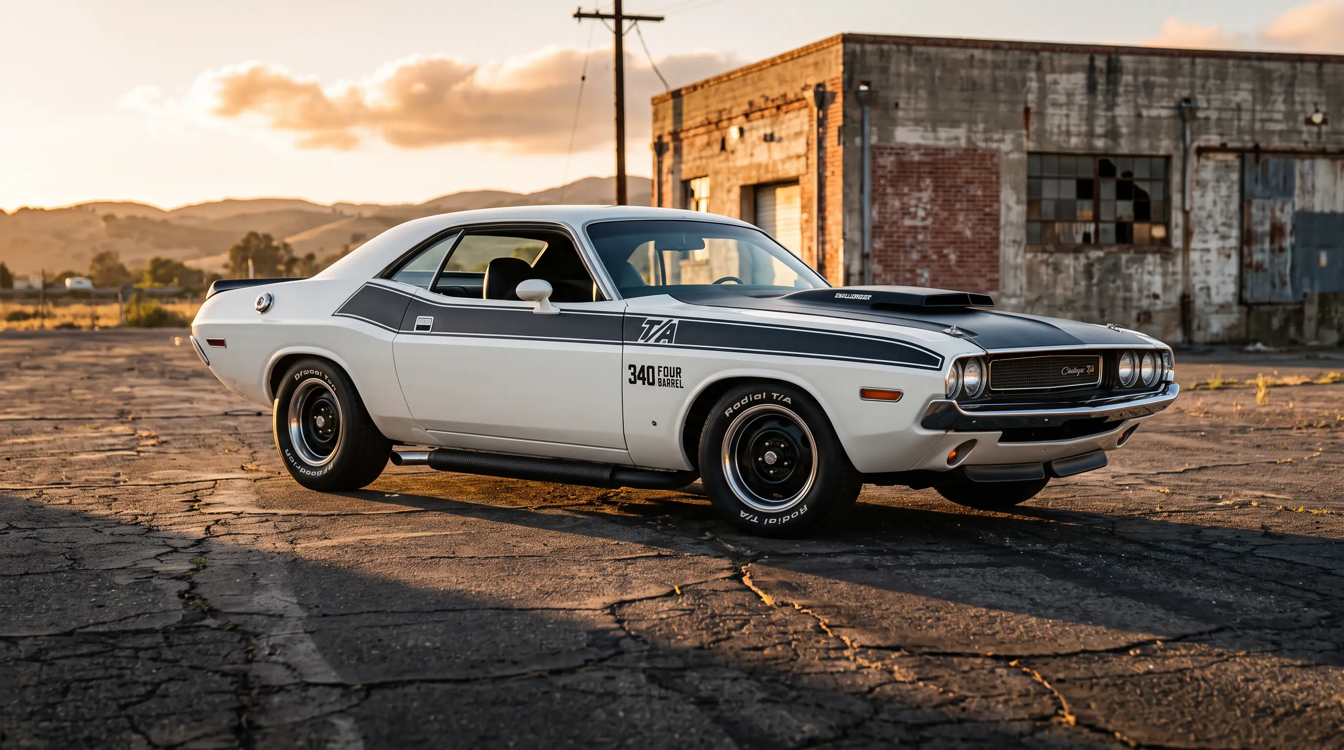 White 1970 Dodge Challenger T/A with black hood stripe at golden hour