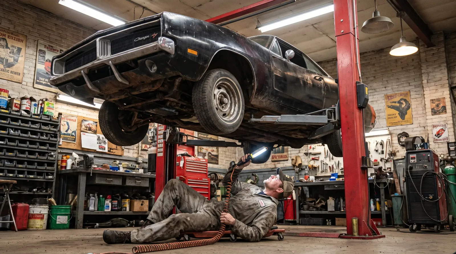 Classic Dodge Charger on a shop lift with a mechanic inspecting the undercarriage