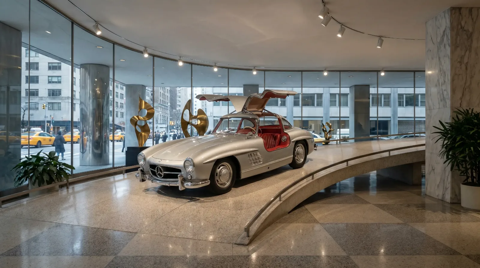 1955 Mercedes-Benz 300SL Gullwing with doors raised in an elegant mid-century showroom