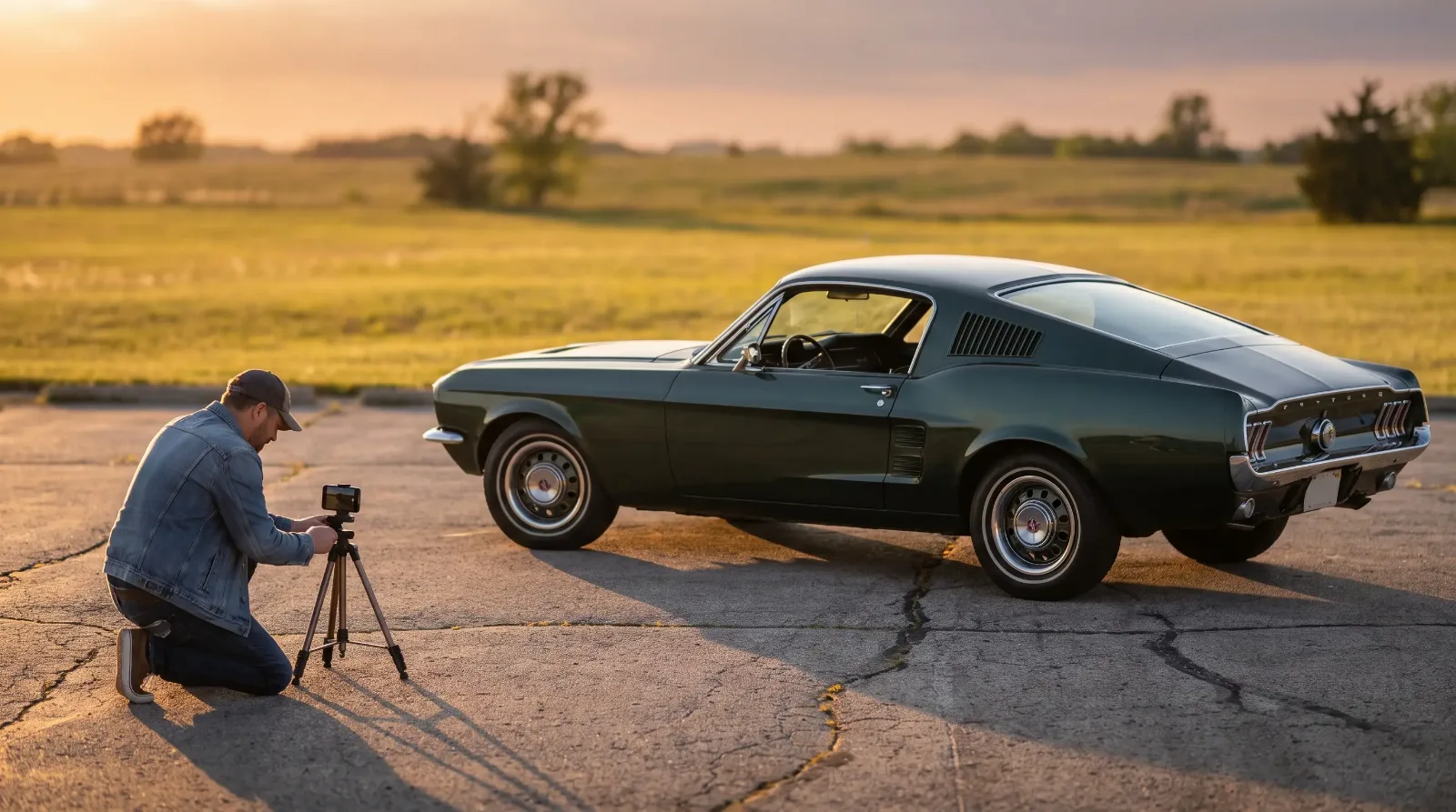 Owner photographing a Highland Green 1967 Mustang fastback with a phone on a tripod
