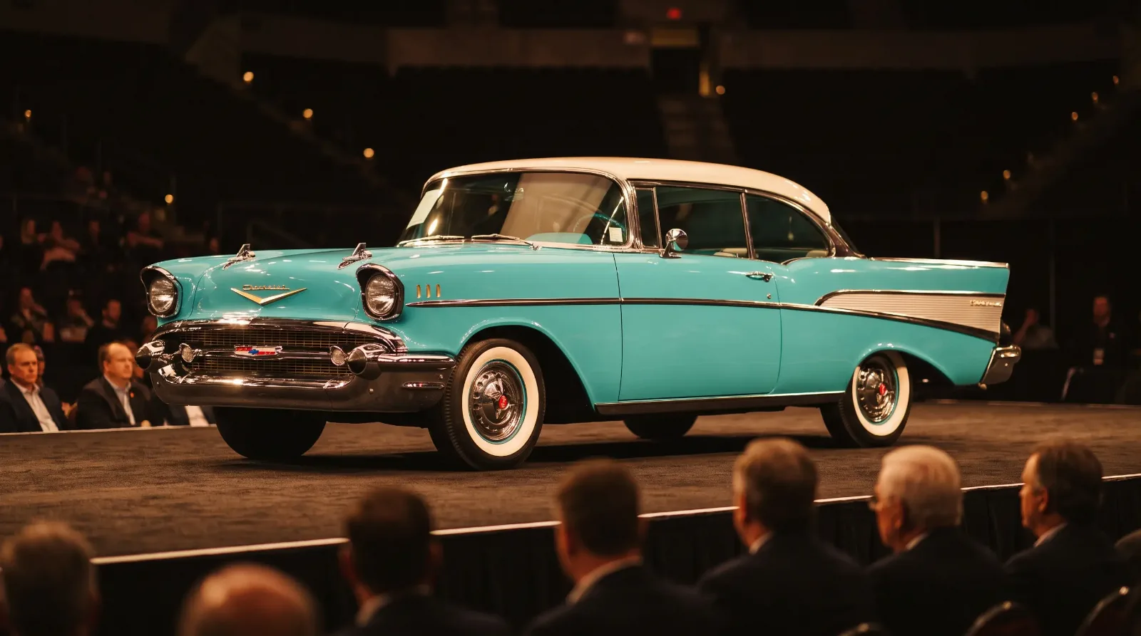 Turquoise and ivory 1957 Chevrolet Bel Air hardtop on a lit collector car auction stage