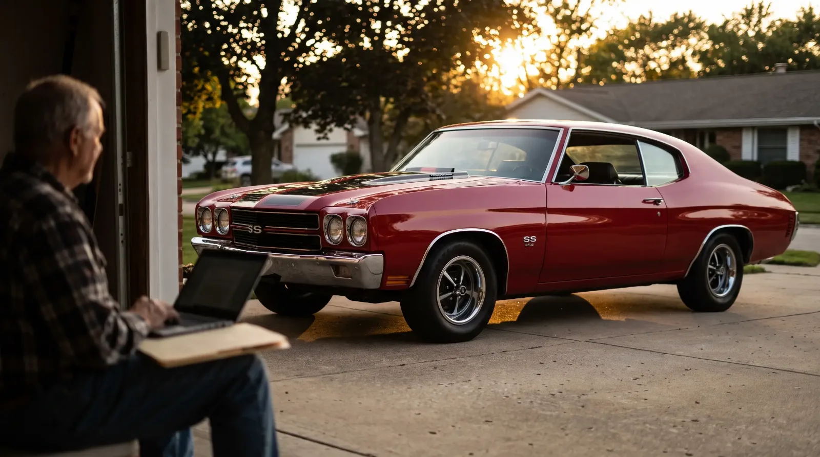 Owner with laptop and title folder deciding where to sell his 1970 Chevelle SS