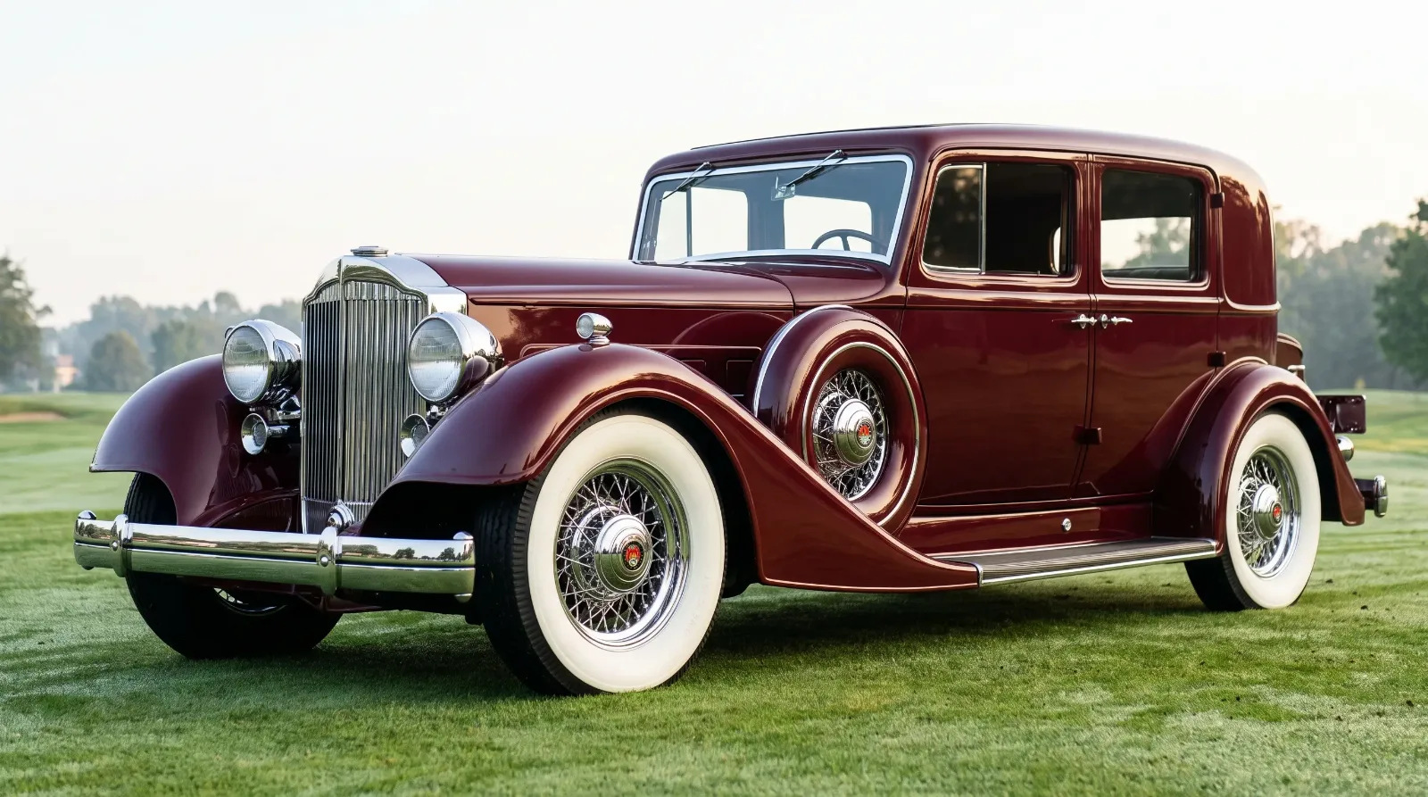 1934 Packard Twelve on chrome wire wheels with wide whitewall tires at a concours
