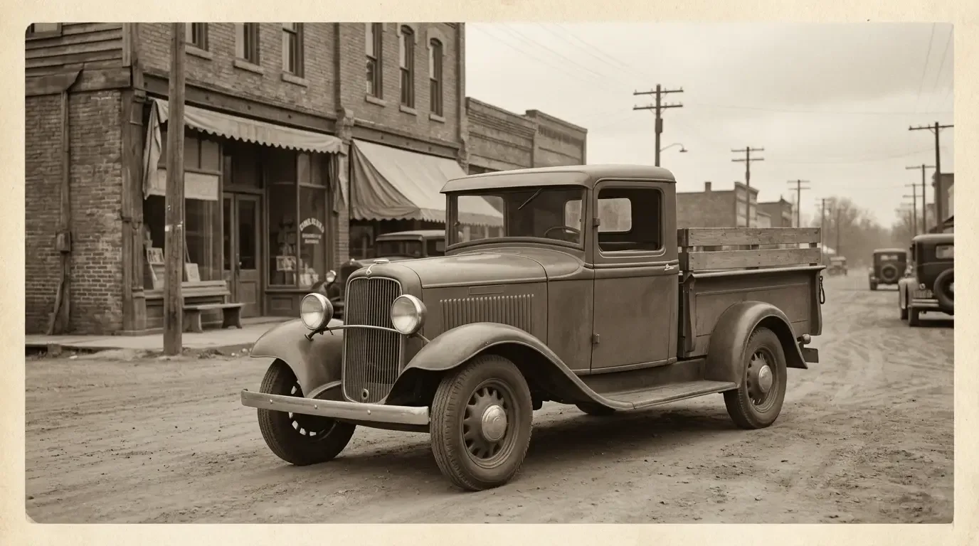 An early-1930s flathead V8-era pickup truck parked by a period brick building on a small-town main street, in warm sepia archival tone marking the dawn of the affordable V8 pickup