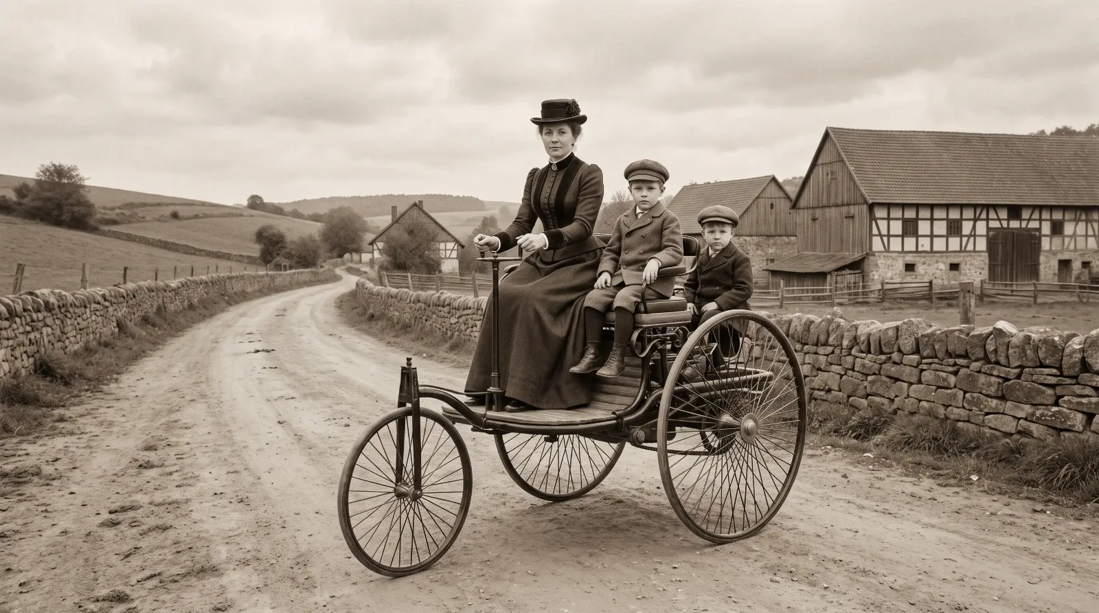 Bertha Benz driving the Motorwagen on her 1888 road trip