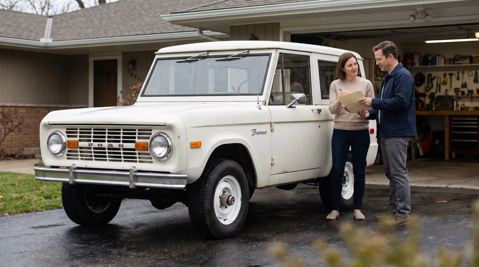 Seller handing a paperwork folder to a buyer beside a white 1972 Ford Bronco
