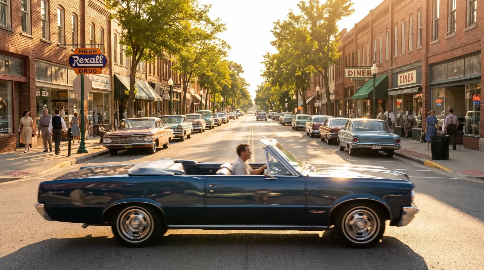 1964 Pontiac GTO in dark blue driving down a 1960s American main street