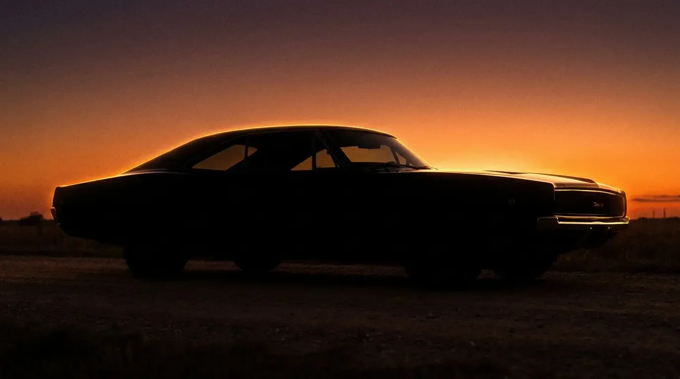 1968 Dodge Charger silhouette against a backlit dusk sky