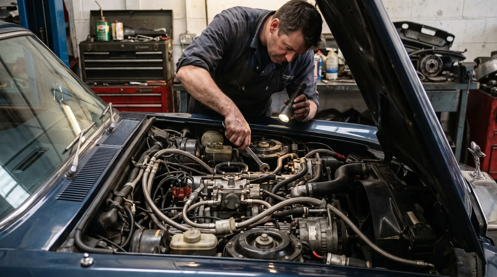 Specialist mechanic working on a classic luxury car engine bay