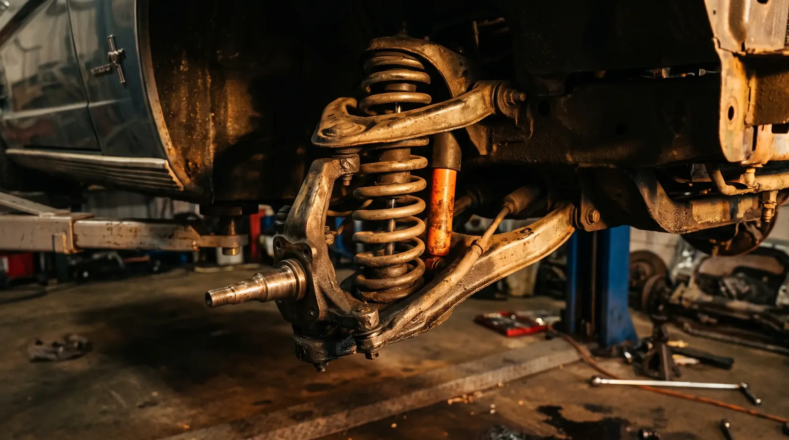 Front suspension and upper control arm of a classic Ford Mustang