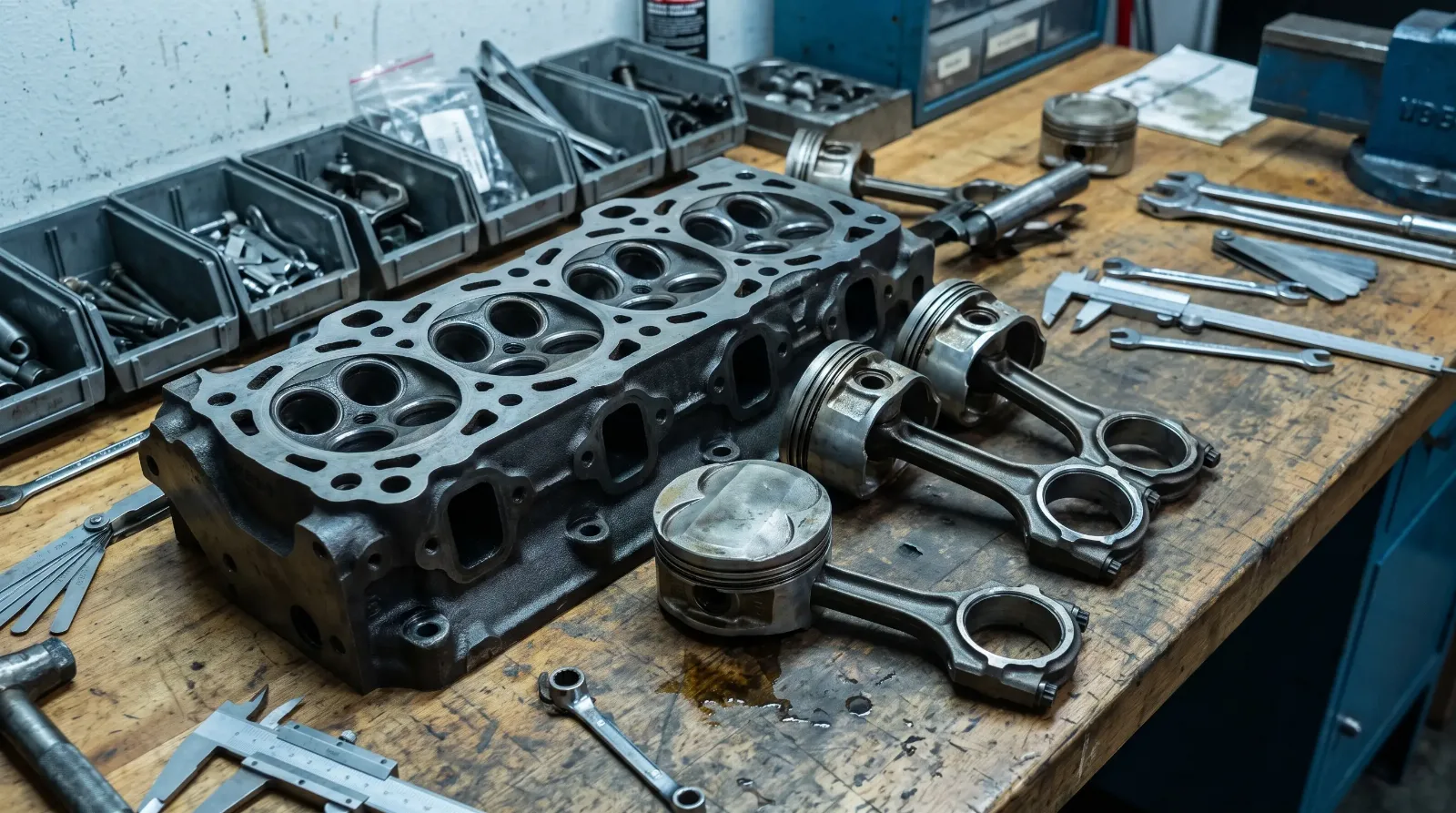 Big-block V8 cylinder head and pistons on a machinist workbench showing combustion chambers