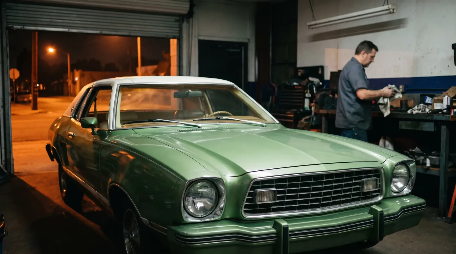 1974 Ford Mustang II Ghia, in a repair garage at night