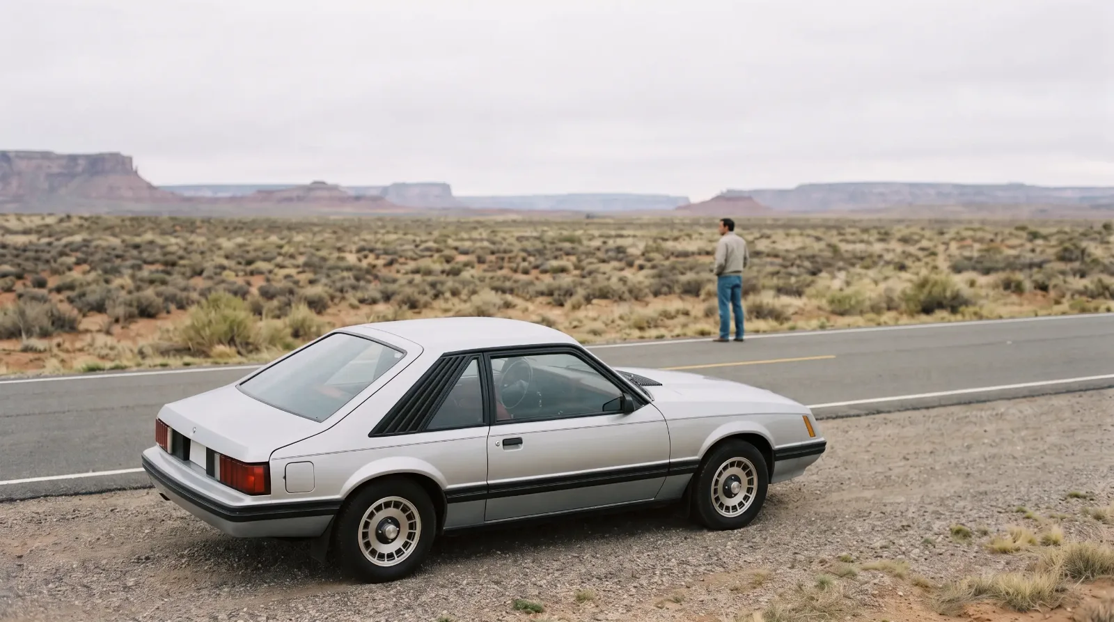 1980 Ford Mustang, hatchback beside a desert highway